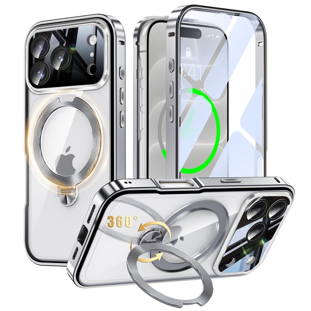 iPhone 18 Pro Max 用 両面 ケース MagSafe対応 360°回転リング Uovon レンズ保護 フルカバー・シルバー