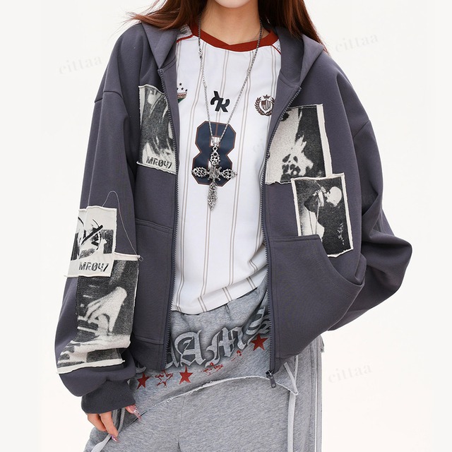 【即納】【早割限定特典10％OFF】C-449　2025秋新作♡フォトラベルジップアップパーカー　ネイビー　0915