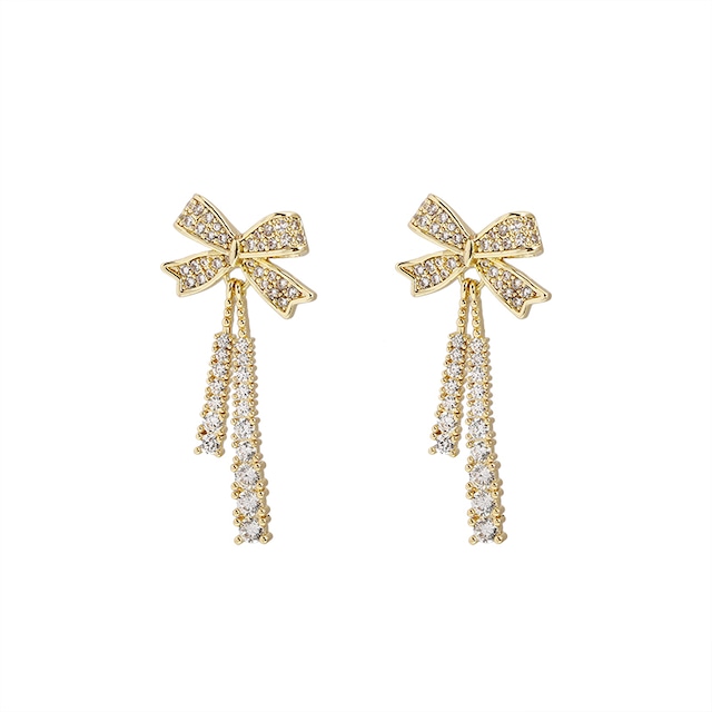 ピアス 両耳用 リボン ドロップピアス CZ アクセサリー 合金 シルバー925 ジュエリー / s925 full diamond bow earrings high end earrings (DTC-636637950656)
