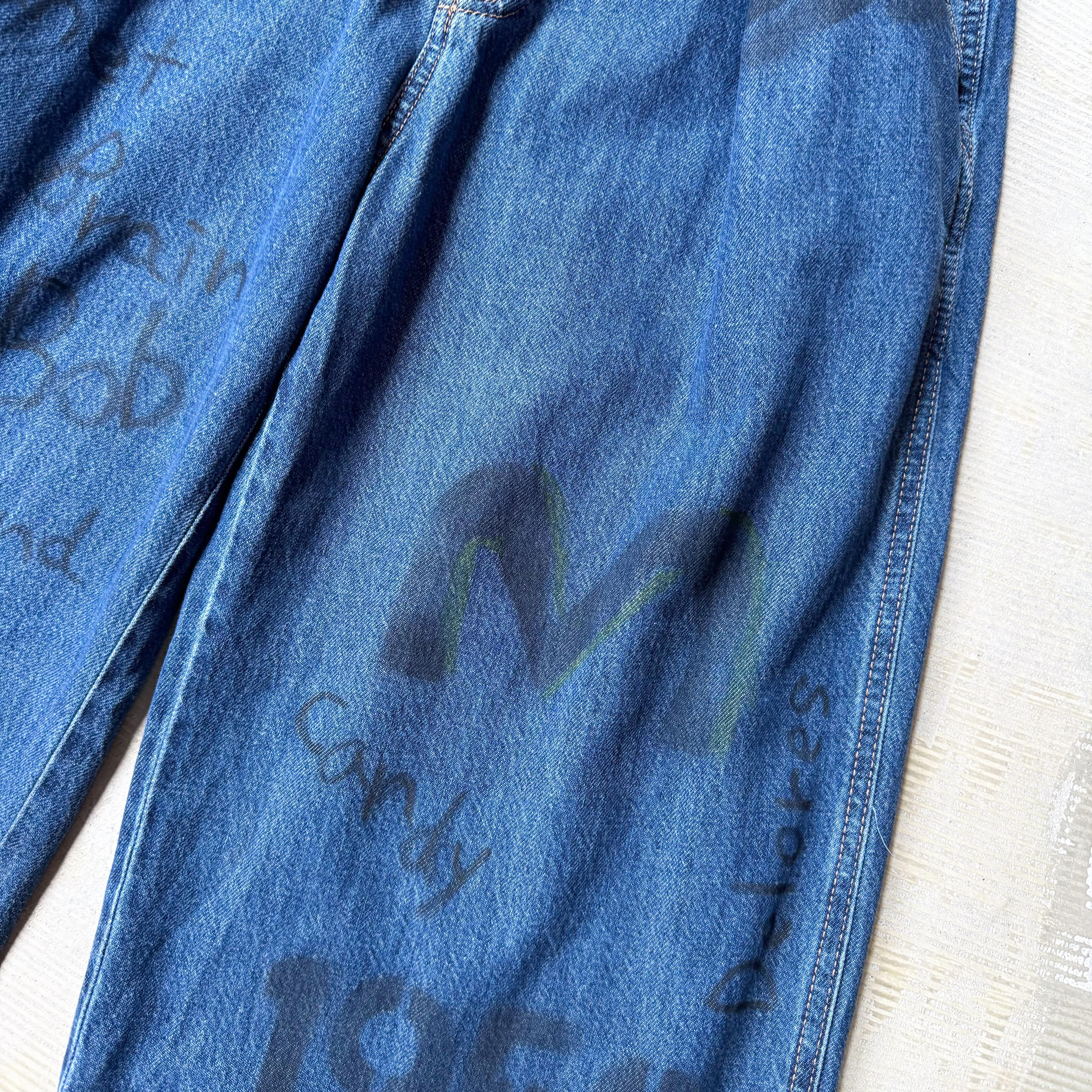 HAND PAINTED STENCIL MEMORIAL ART WIDE DENIM PANTS / ハンド