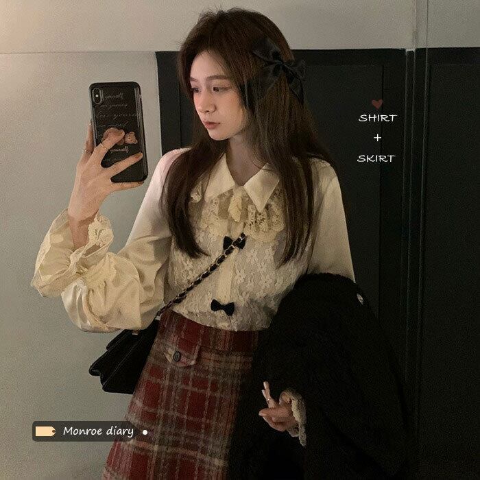 スタンダード格子柄スカート ハイウェストウェストショートオータムウィンターAライン薄手 レトロ 秋物 冬物 モンロー87340241636