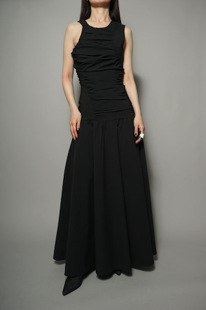 ASYM GATHER MAXI DRESS  (BLACK) 2402-69-83