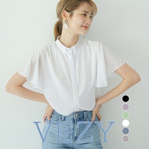 フレアー袖ブラウス バンドカラー 半袖夏 二の腕カバー シャツブラウス オフィスカジュアル とろみトップス 大人女性 ゆったりシフォンブラウス 着やせ シャツ ブラウス ベジー VEZY ItemNo.【19170643 】