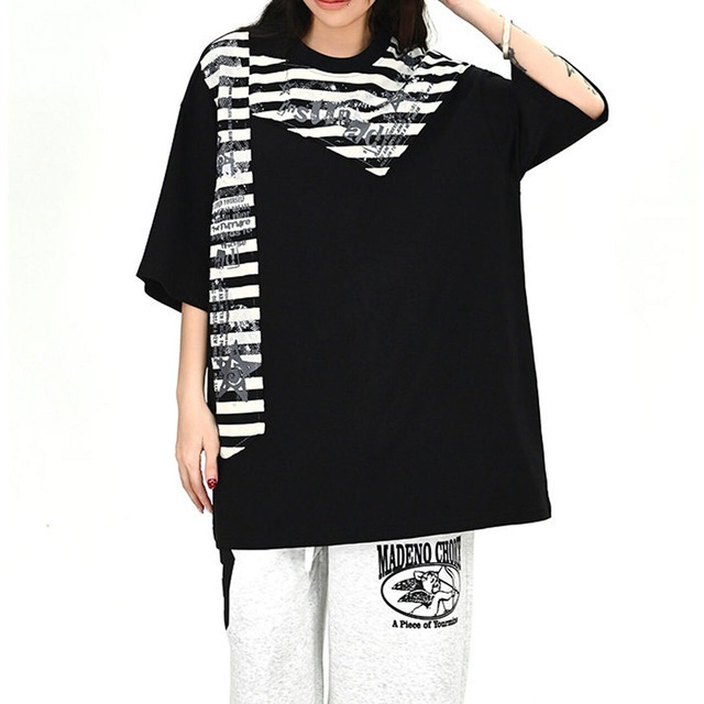 アシンメトリーストライプパネルTシャツ 2col   R01722