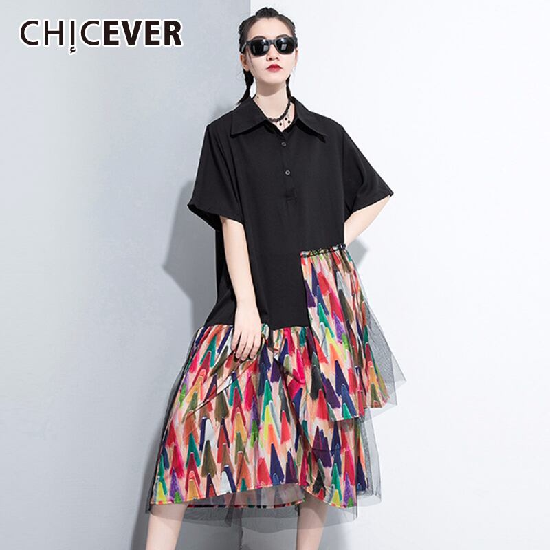 CHICEVERパッチワークメッシュレディースドレスラペルカラーハーフスリーブプリントヒットカラー不規則な裾サマードレス2020 半袖 夏物 6base581964343220