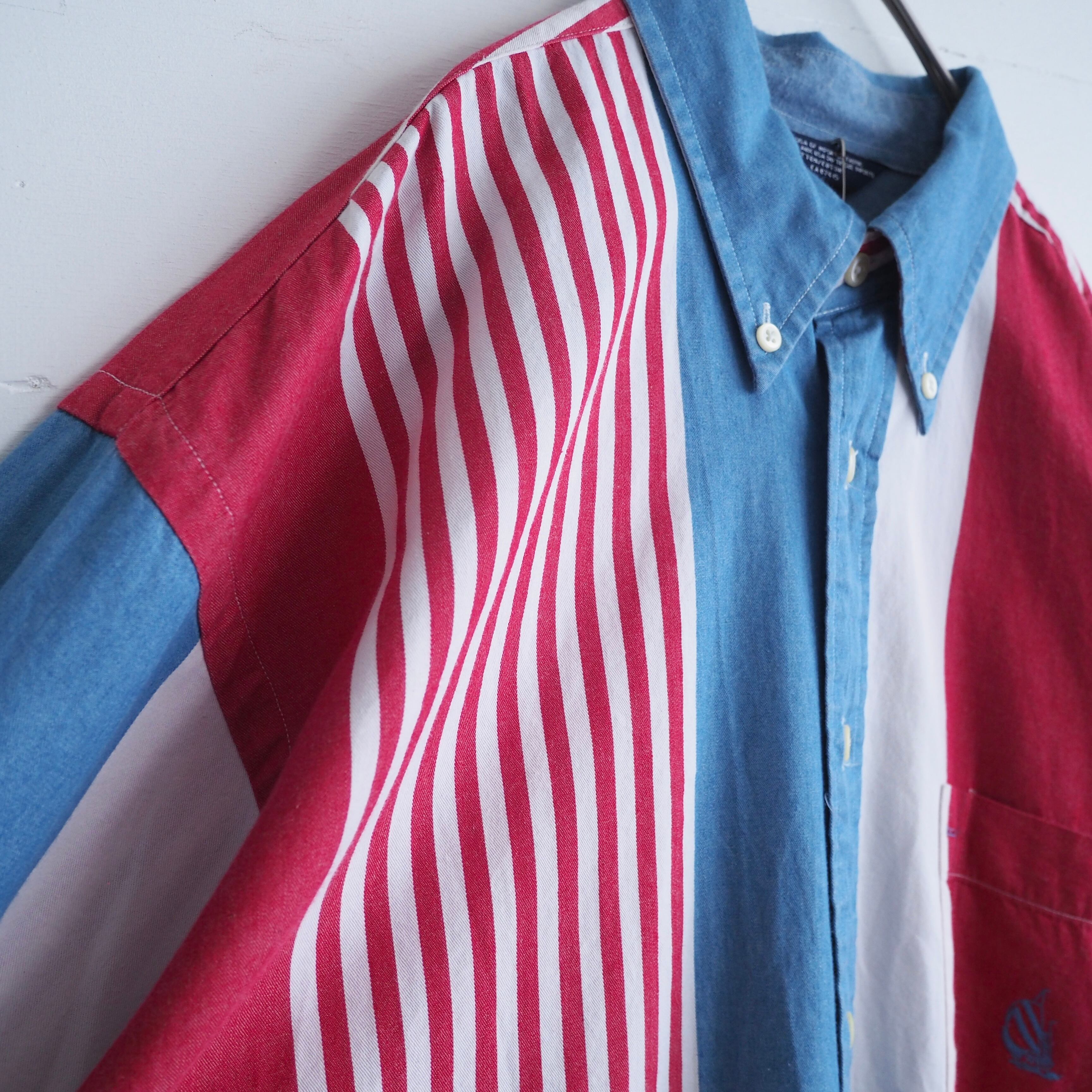 1990s ” Nautica ” tricolor color stripe pattern button down shirt (made in Usa)