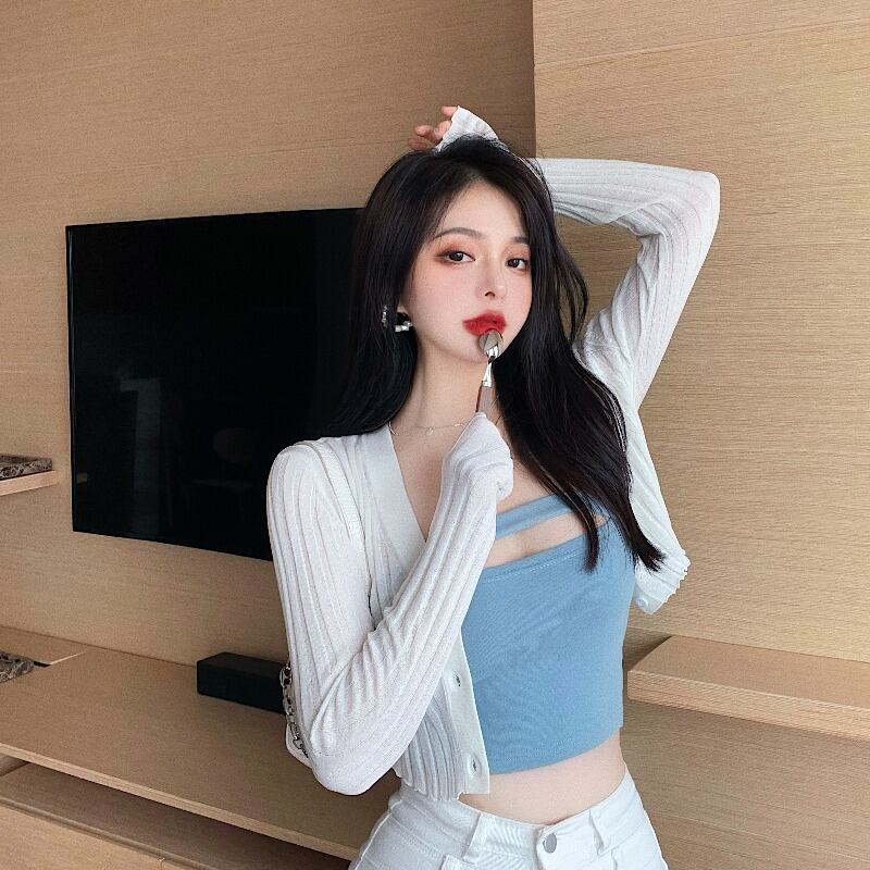 ホワイトニットカーディガンジャケット サマー薄手ショートトップス ロング 夏物 ブラックストロベリース94977925651