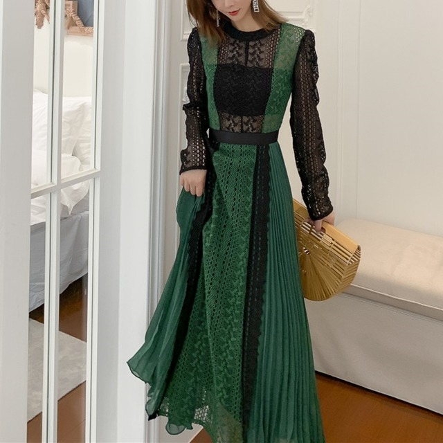 上品なレース ロング丈 グリーン ワンピース パーティドレス 結婚式 ２次会 La Pausa Tokyo