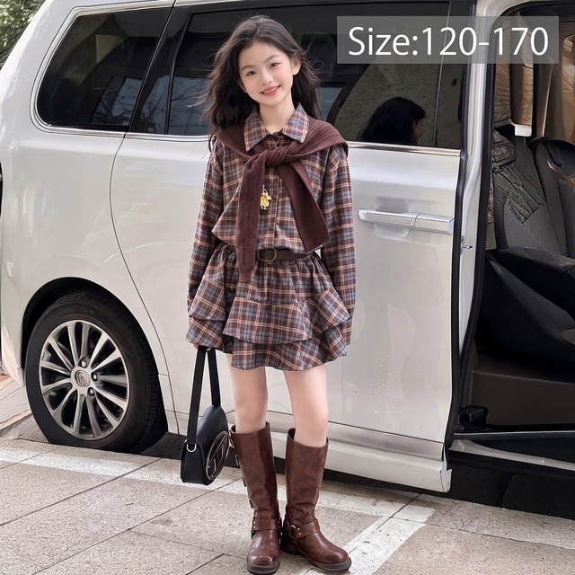クラシカルチェック シャツワンピース（ベルト＆ショール付き）