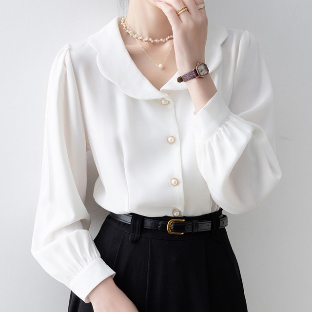 パールボタン付き波襟ブラウス Me0906