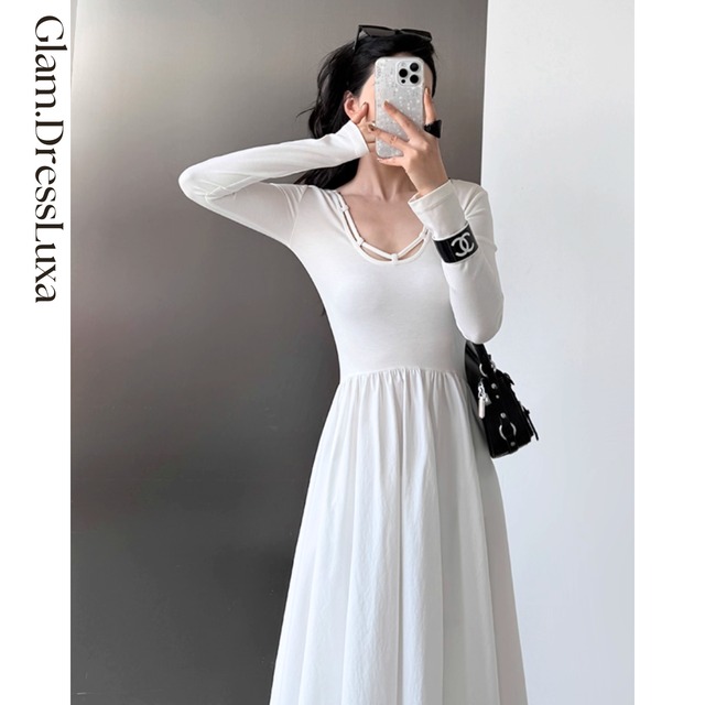 Cut-out Neckline ロングワンピース/2color_W973