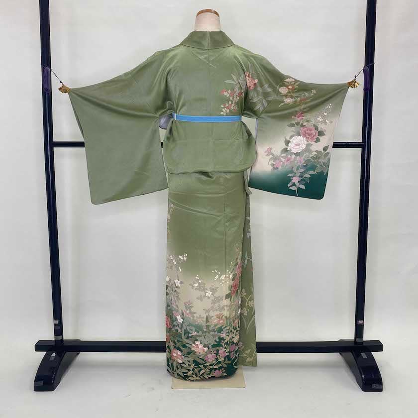 訪問着 中古 花柄 緑 黄緑 クリーム 裄64cm 身丈158cm 結婚式 着物 
