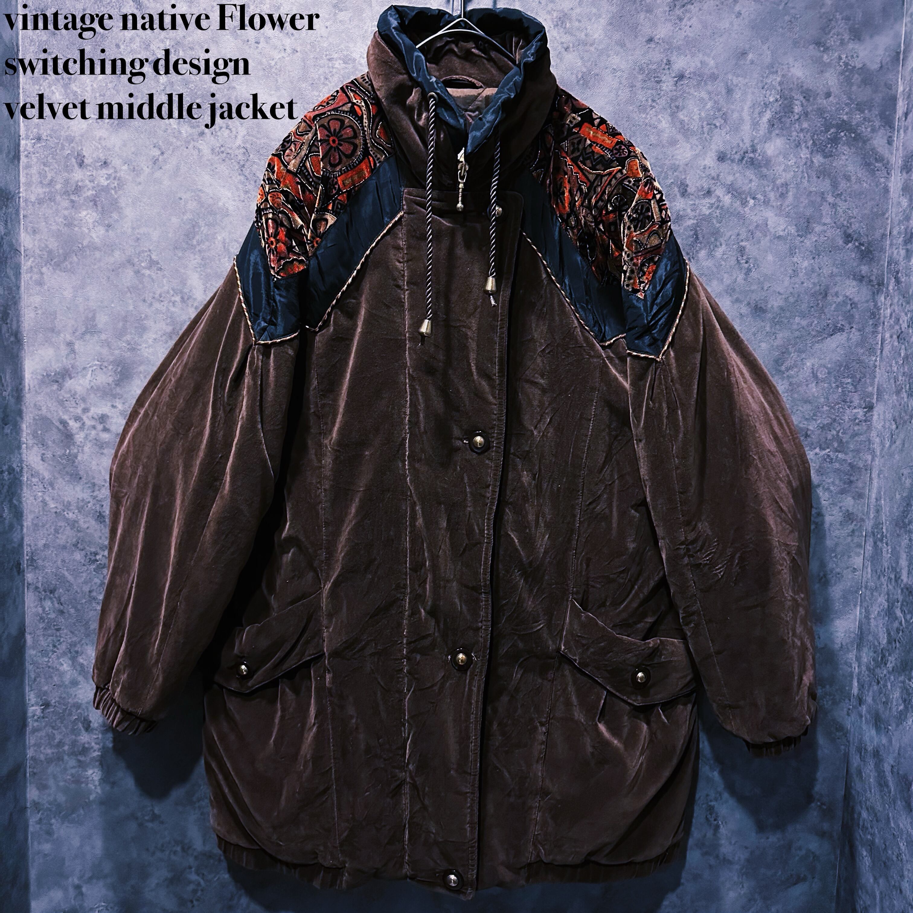 【 doppio】vintage native Flower switching design velvet middle jacket