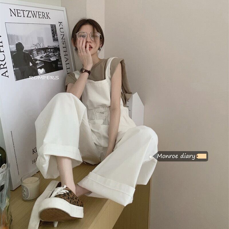 ホワイトオーバーオール サマー薄手ジャンプスーツ オールインワン ウェストルーズワイドレッグパンツ 夏物 ワイドパンツ モンロー97569287018
