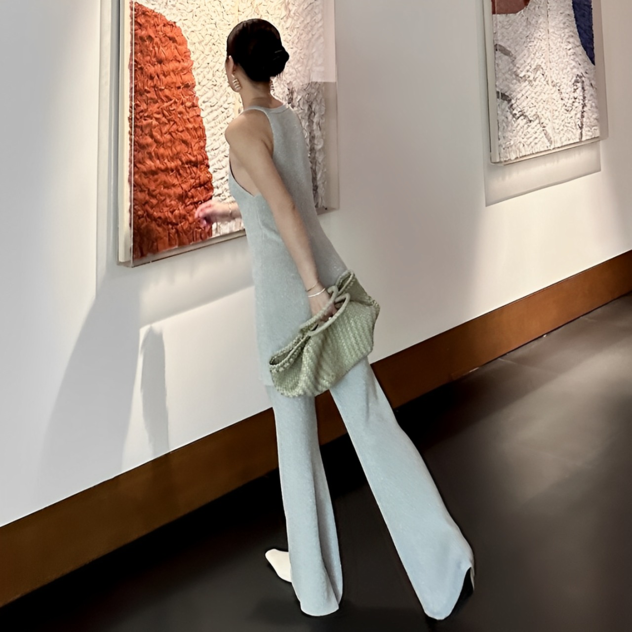 Halter neck flare pants glitter knit suit【H00028】