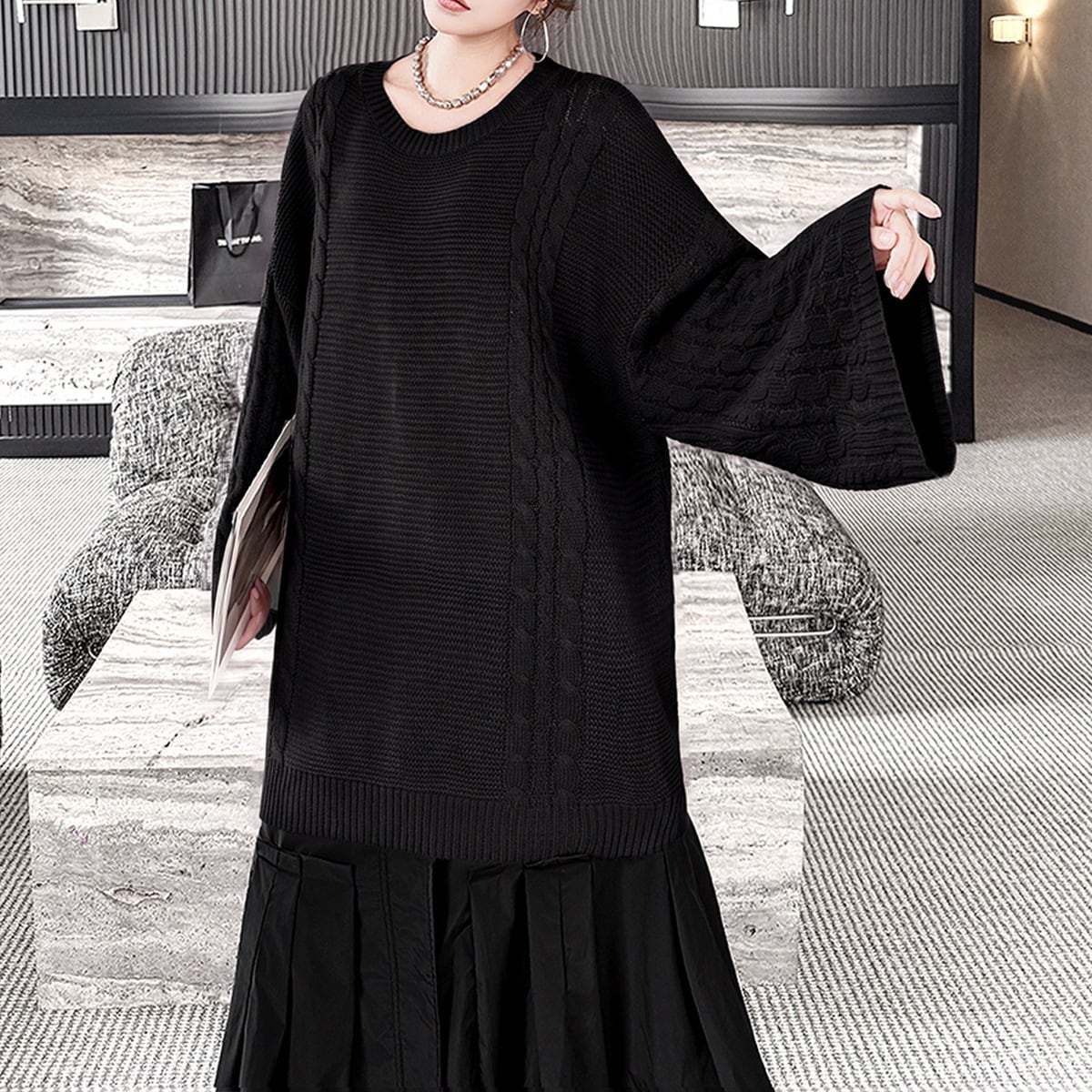 ケーブル編み ベルスリーブ オーバーサイズ ニット 2color PU0514