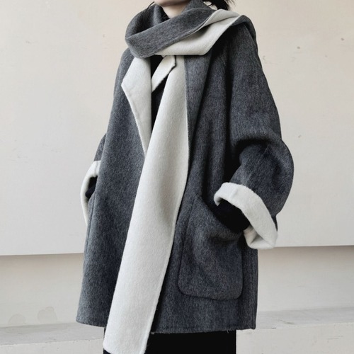 Loose collarless coat and muffler set【2color】 C0868