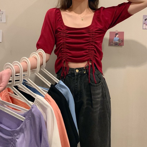 ✞ ニットセーター プリーツギャザーレーススリムショートトップス スクウェア ✞ゴスロリ SM ミリ 甘ロリ クラロリ 和ロリ エレガント 黒ロリ 姫ロリ 華ロリ BB-BB8057882