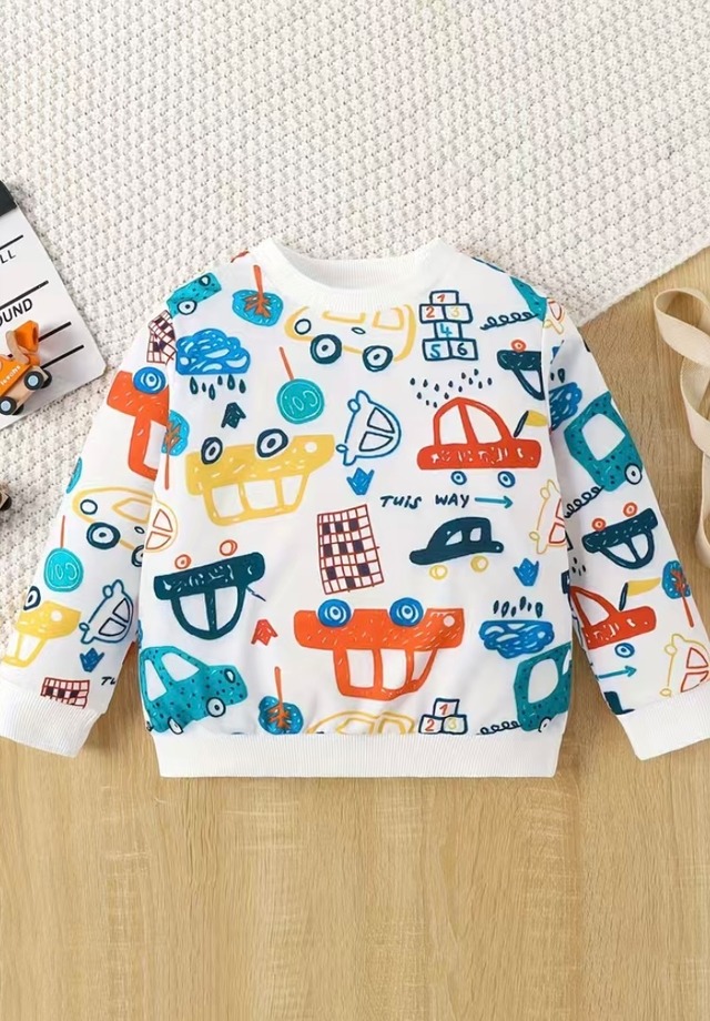 トップス 長袖 車 カー car 乗り物 冬服 冬 保育園 幼稚園 外出用  男の子 boy ボーイ キッズ キッズ服 子供服 子ども 子ども服 子供 可愛い カワイイ 130cm ホワイト