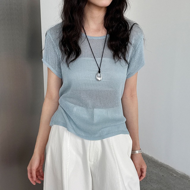 waist ribbon design sheer Knit top L0482