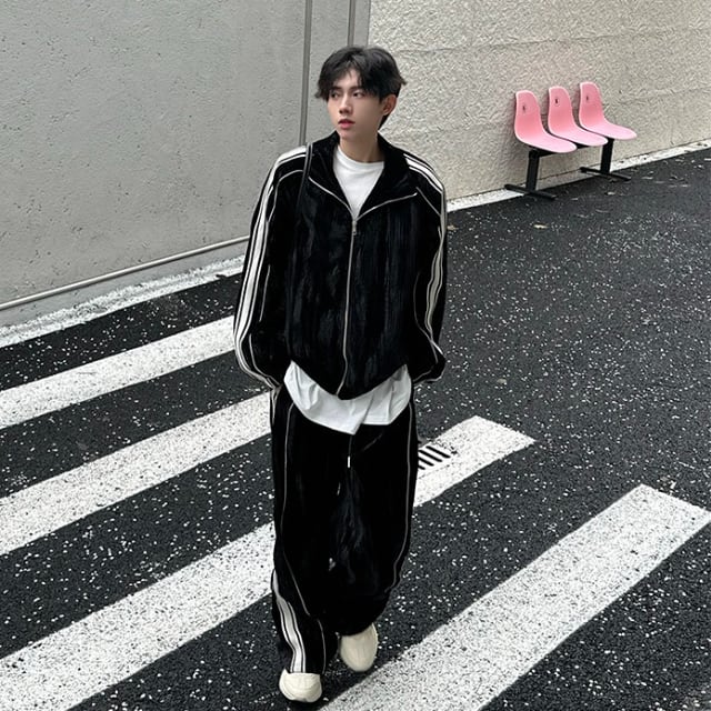 予約販売】メンズ セットアップ ジャージ ライン ベロア 上下 長袖