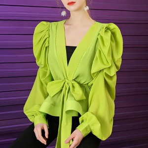 トップス レディース 送料無料 3色 シャツ リブ ブラウス 襟なし チュニック オーバーサイズ Vネック カシュクール ビッグカラ— リボン 無地 単色 フリル ゆったり ゆる 大きめ 楽ちん パフスリーブ バルーンスリーブ バブルスリーブ 長袖 プルオーバー シンプル 大人可愛い 大人女子 上品 エレガント かわいい ふんわり 透け感 抜け感 こなれ感 お洒落 カジュアル ラフ おしゃれ きれいめ 涼し 10代 20代 30代 通学 学生 春服 夏服 普段使い 着回し デート おでかけ モテ