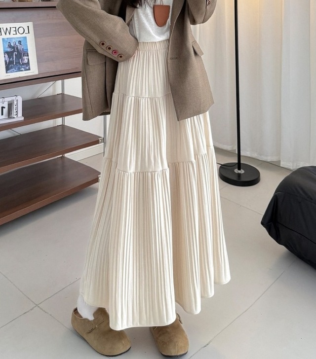 スカート ロングスカート プリーツスカート レディース ティアードスカート Aラインスカート ミモレ丈 Aライン プリーツ ウエストゴム 大人 おしゃれ 大人可愛い 大人女子 とろみ感 春 秋 冬  デート お出かけ 休日 旅行 普段使い 韓国系 スタイル 送料無料 S M L ブラック グレー アプリコット