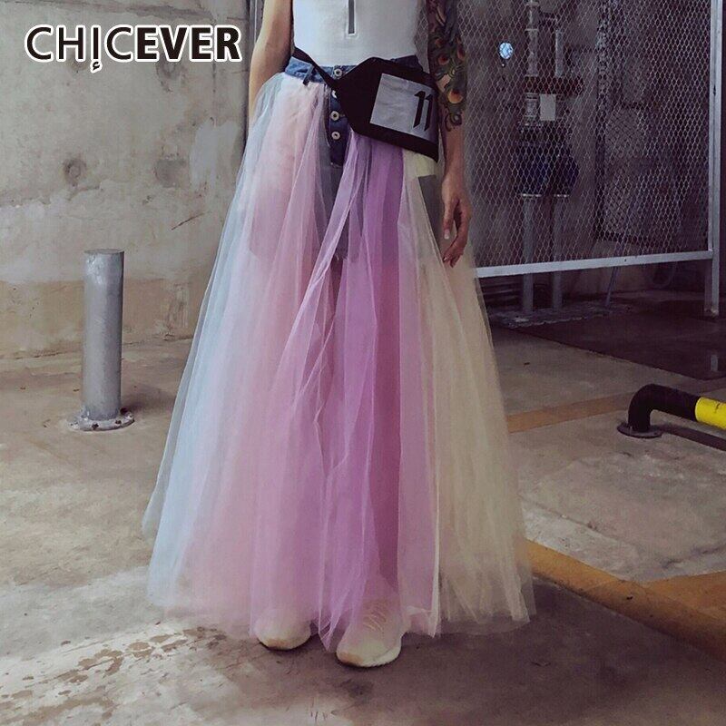 CHICEVERカラフルなスカート女性ウエストパッチワークデニムメッシュヒットカラーボールガウンスカート2021服タイド 6base528611244607