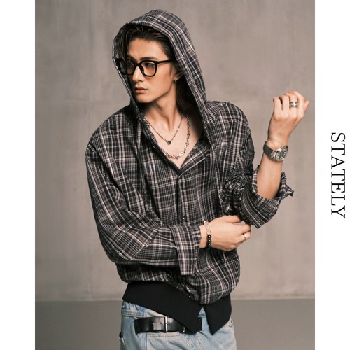 Plaid Hood レイヤードシャツ/2color_T228 画像