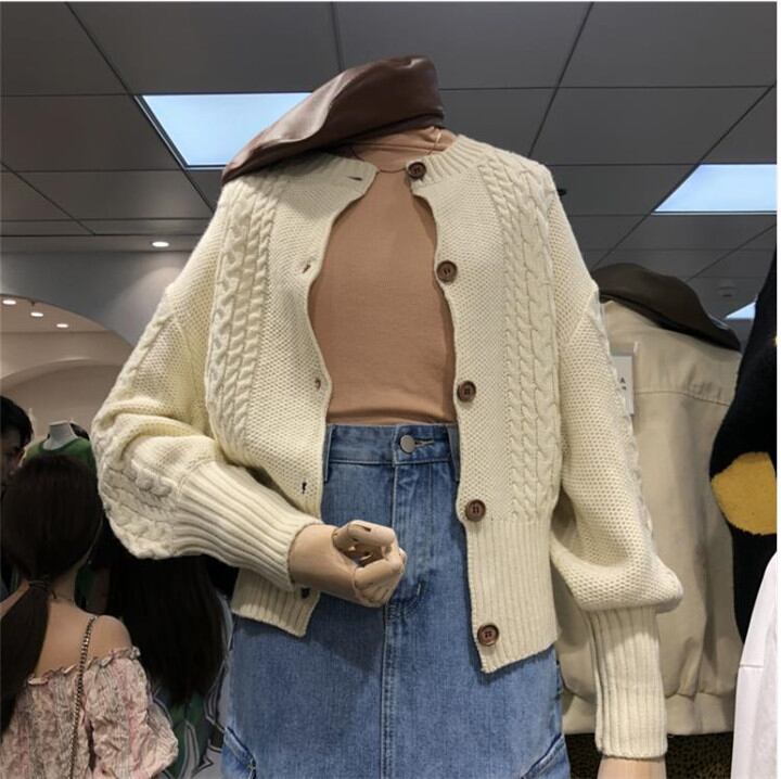 カーディガン ニットトップス 韓国 秋 ラウンドネック スリムフィット コート