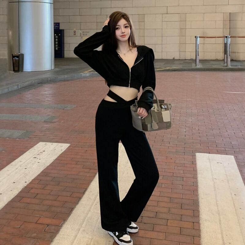 ジッパーカーディガンショートフードセーター クロスハイウェストウェストカジュアルオータム 秋物 ハンチェンe82990128208