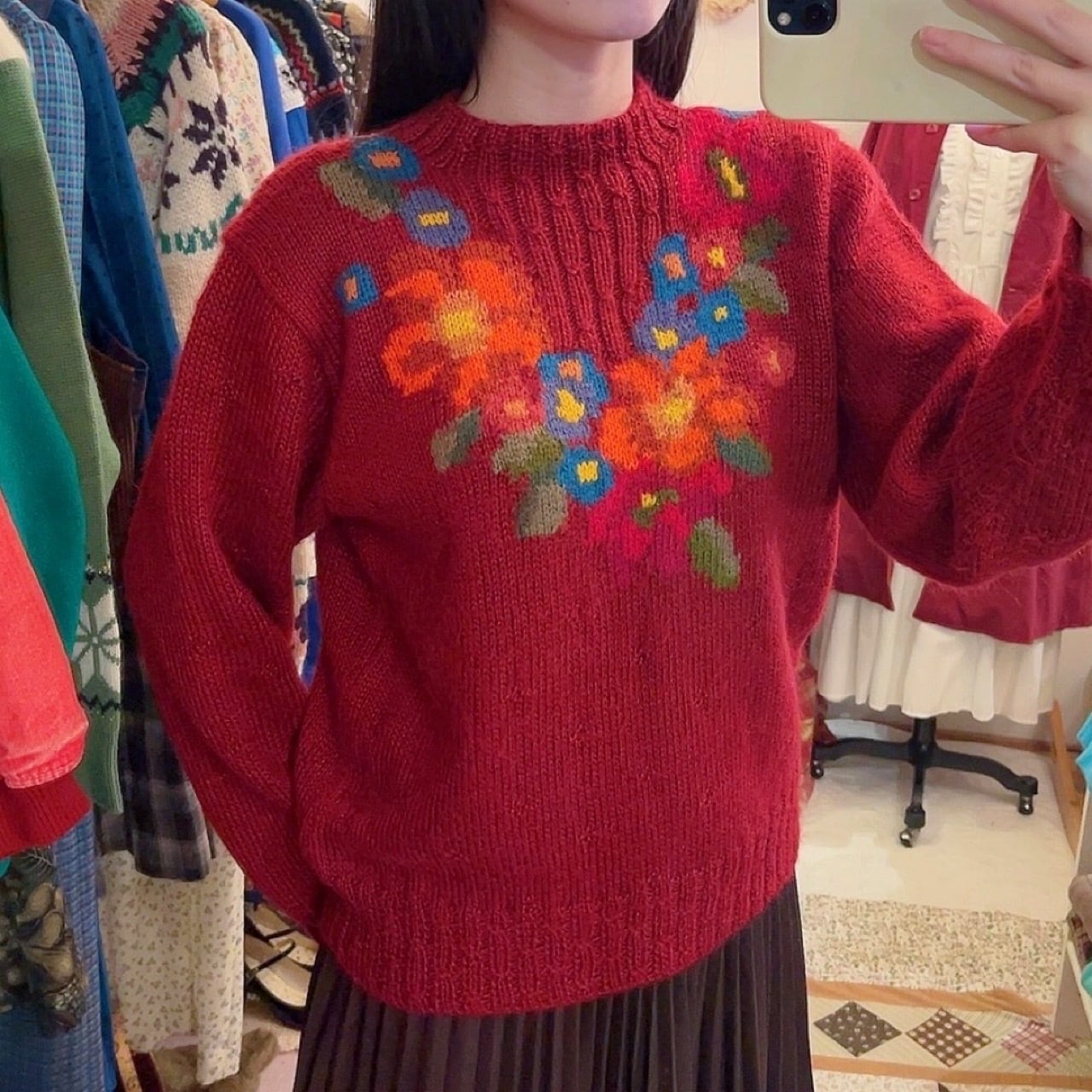 colorful flower bordeaux knit sweater