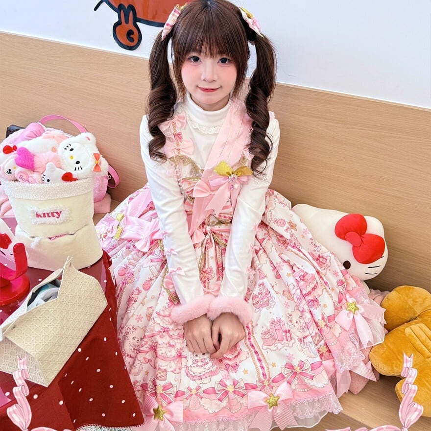 ロリータ jsk 甘ロリ パステルカラー マカロン色 bntセット お菓子×くま柄の甘ロリジャンパースカート｜星リボン付きスウィート