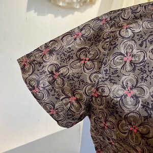 50's 60's brown flower print open collar blouse