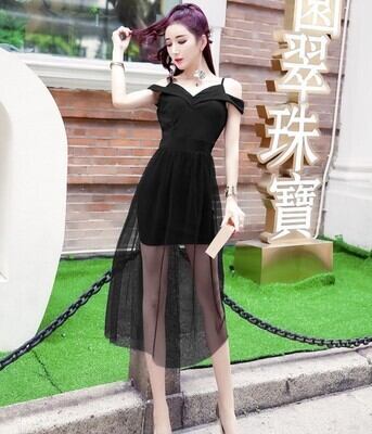 【新作】【送料無料】 2023 夏の新スタイルノースリーブセクシーなサスペンダーメッシュオフショルダースリムヒップカバーミッドレングススリムドレス 8078 0113637375354