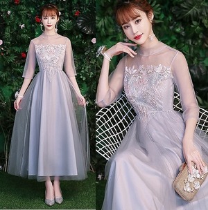 送料無料 未使用 発表会 舞台衣装 パーティ フォ－マル 胸元刺繍 パール飾り カラ－ ドレス 9号 M [OPN2431]