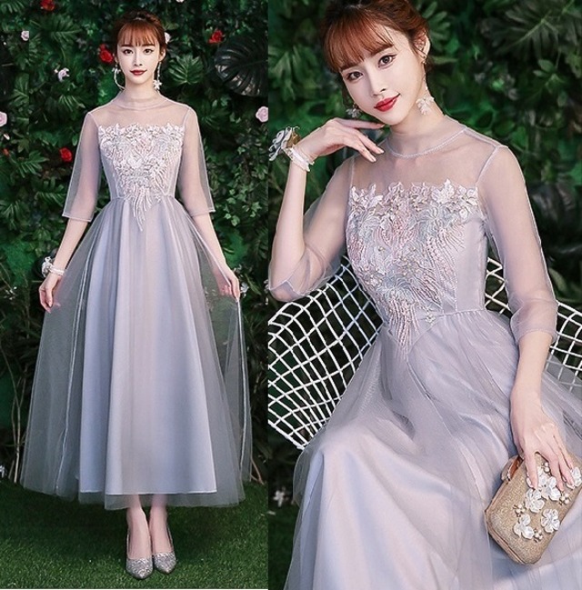 送料無料 未使用 発表会 舞台衣装 パーティ フォ－マル 胸元刺繍 パール飾り カラ－ ドレス 9号 M [OPN2431]