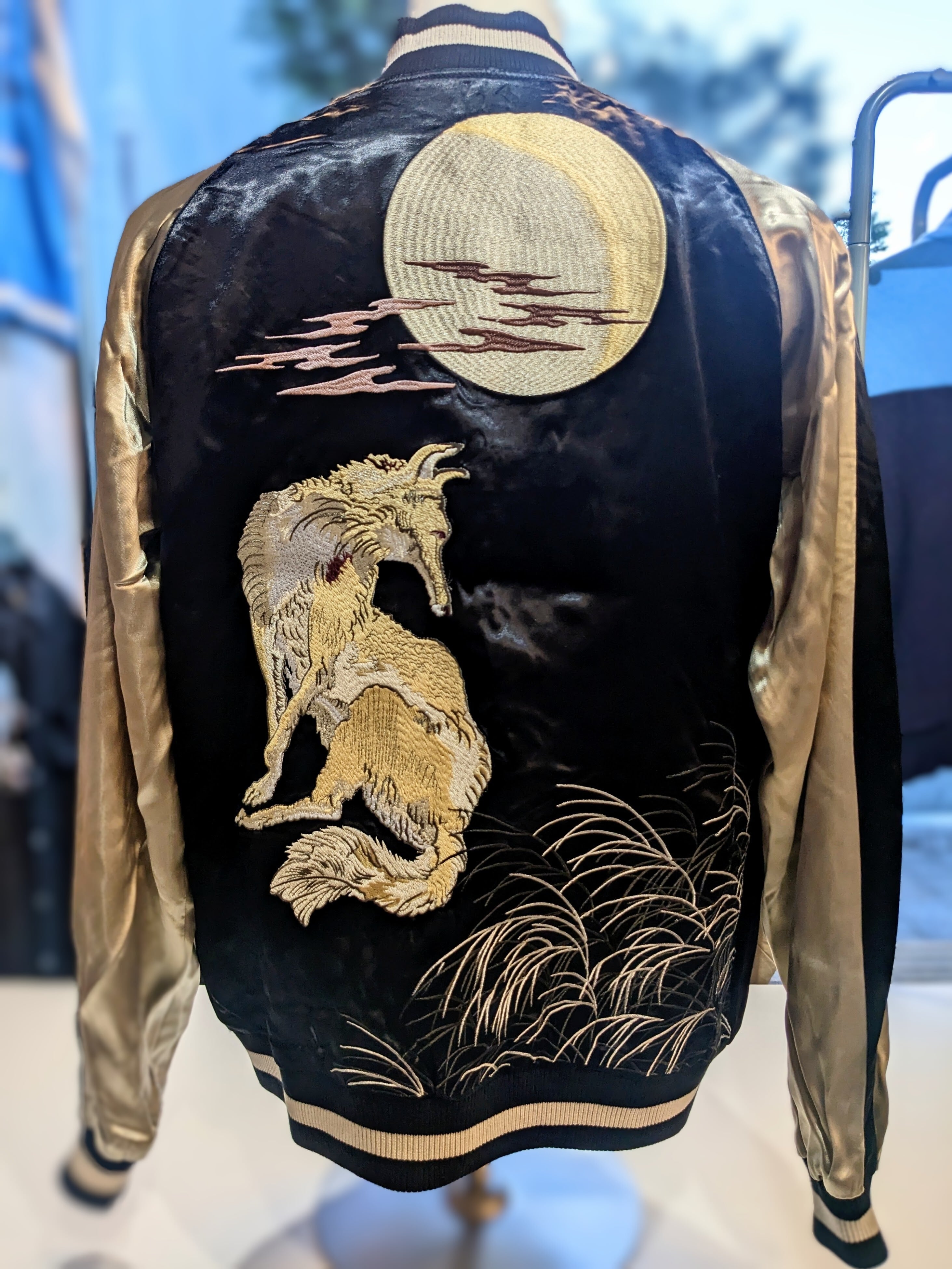[希少 良品]E.YAZAWA サテン スカジャン ネイビー/ゴールド 極美品 E.YAZAWA 矢沢永吉 スカジャン プレミアムモルツ プレモル