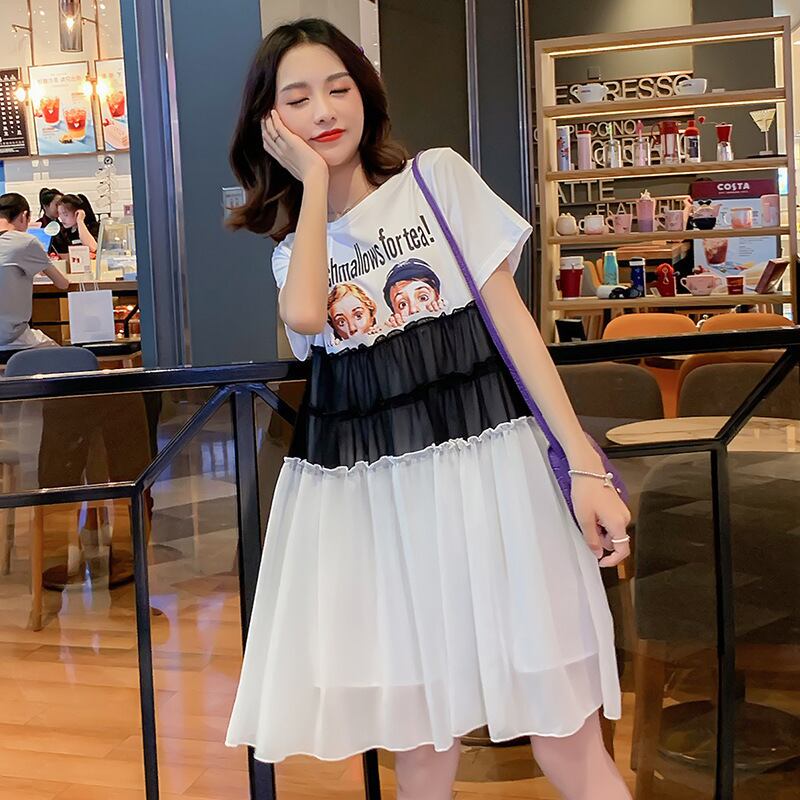 【新作】【送料無料】 2020スタイルのサマーウェアマタニティ服半袖プリントジョイントシフォンルーズとプラスサイズのドレス ショート ハーフスリーブ 大きめサイズ 夏物 AL expec34510177527