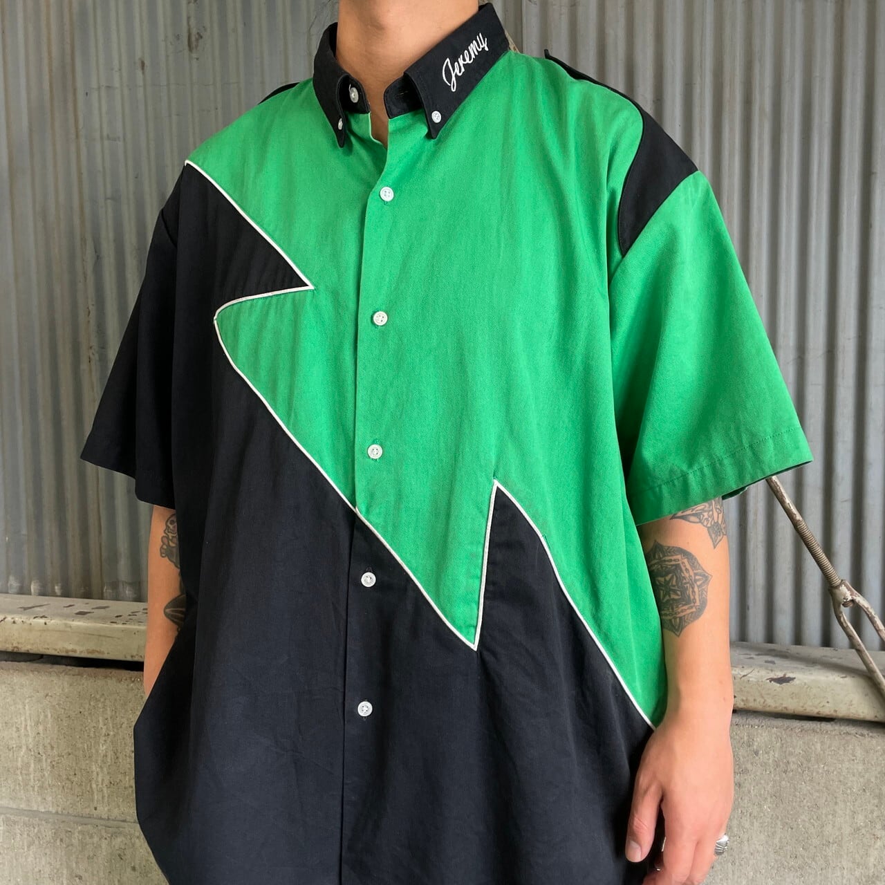 ライトグリーン ワークシャツ 刺繍 ロゴ メンズ USA 90s 半袖 緑
