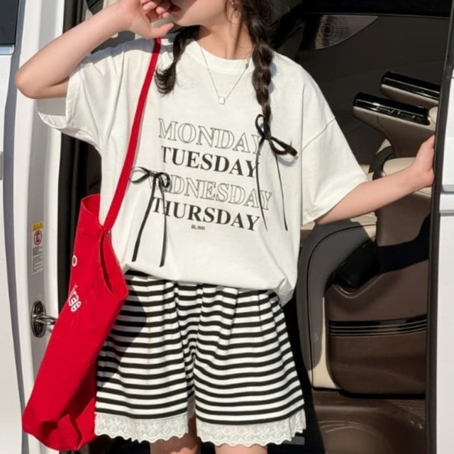 レターボウTシャツ＆レースストライプショーツ 2025年夏 新作 女児用サマーセット