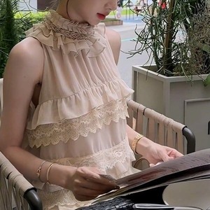 フリル シフォン ホルターネックブラウス ブラウス トップス ノースリーブ ノースリ スリーブレス 大人 きれいめ レトロ 可愛い 着回し 上品 新作 人気 エレガント シンプル ベージュ Imagibune S M L XL トップス レディース 20代 30代 40代 春 秋 夏 TP-1635CMY