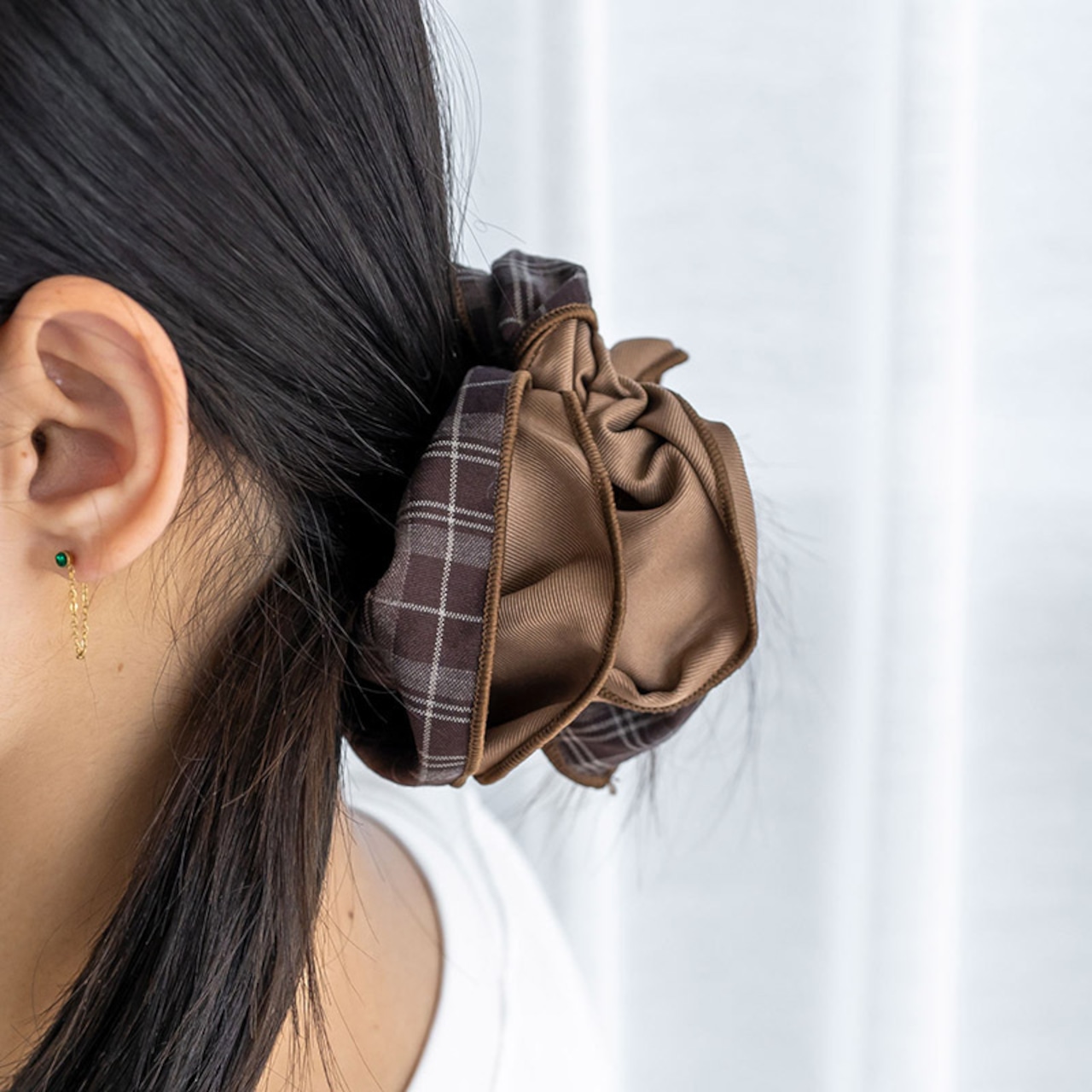 【ネコポス便】ヘアアクセ シュシュ 特大 ビッグシュシュ チェック柄 無地 リバーシブル バイカラー パイピング ヘアアクセサリー 大きめ 2590