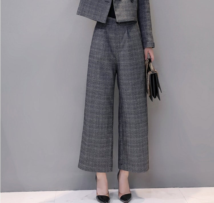 白黒グレンチェックカスタムオーダーツーピース　春夏　未使用 ツーピース スーツ ワイドレッグ パンツ ジャケット ショート丈 ダブル