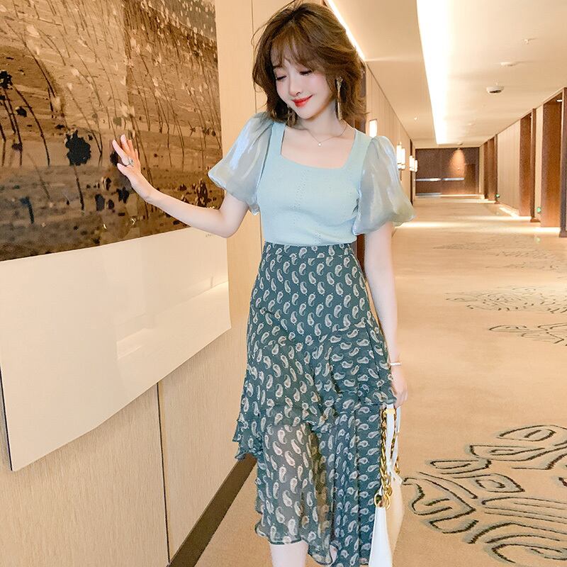 スタンダードスリーブニットトップス レディースサマースタイル ランタンスリーブ レトロ 夏物 シルキー スクウェア ステッチ MIUCO13600834654