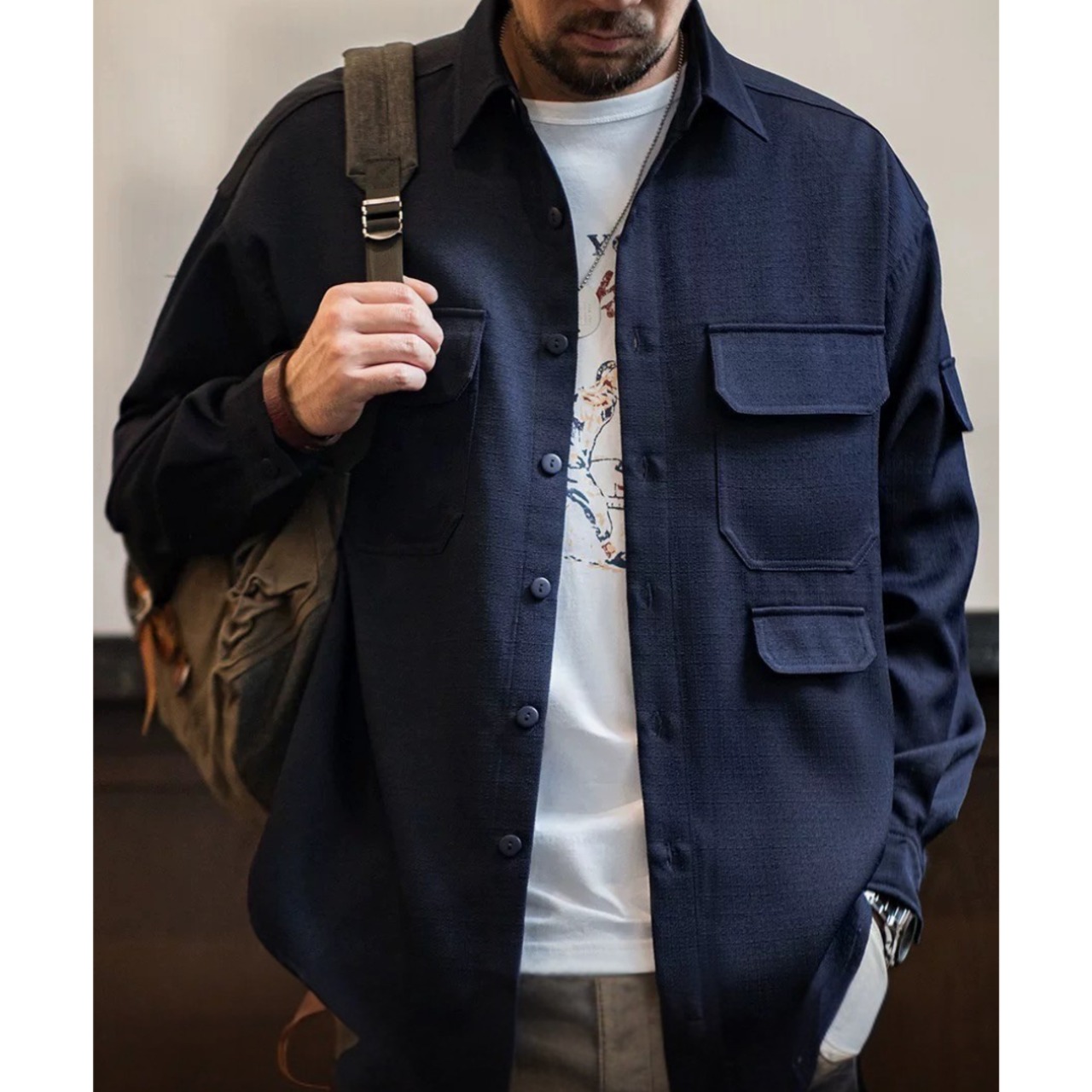 Long Sleeve Button-Down Work Shirt ◇2color H0179