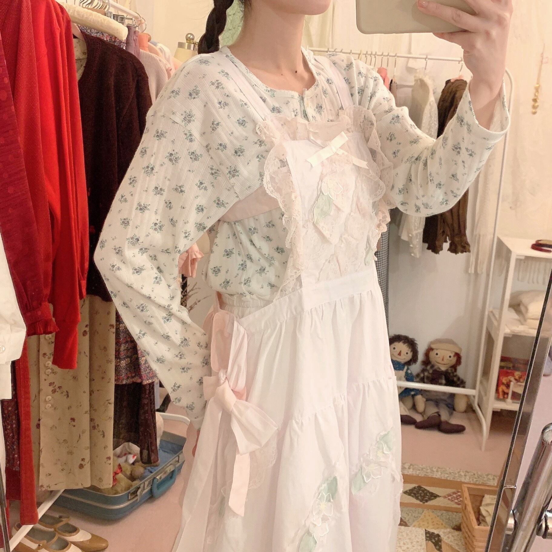 remake : sweet flower pink apron one-piece