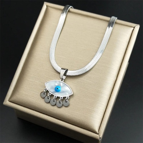 チョーカー ペンダント ネックレス  ステンレス 青 ブルー シルバー シェル レディース 悪 エビル 目 アイズ タッセル