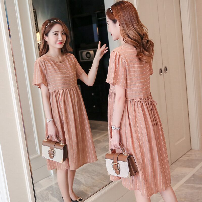 【新作】【送料無料】 マタニティウェア2020夏の新しい綿とリネンのストライプのルーズドレススタイルのミドル丈ファッションマタニティドレス-アリババ コットン サマー 夏物 expec254948704599
