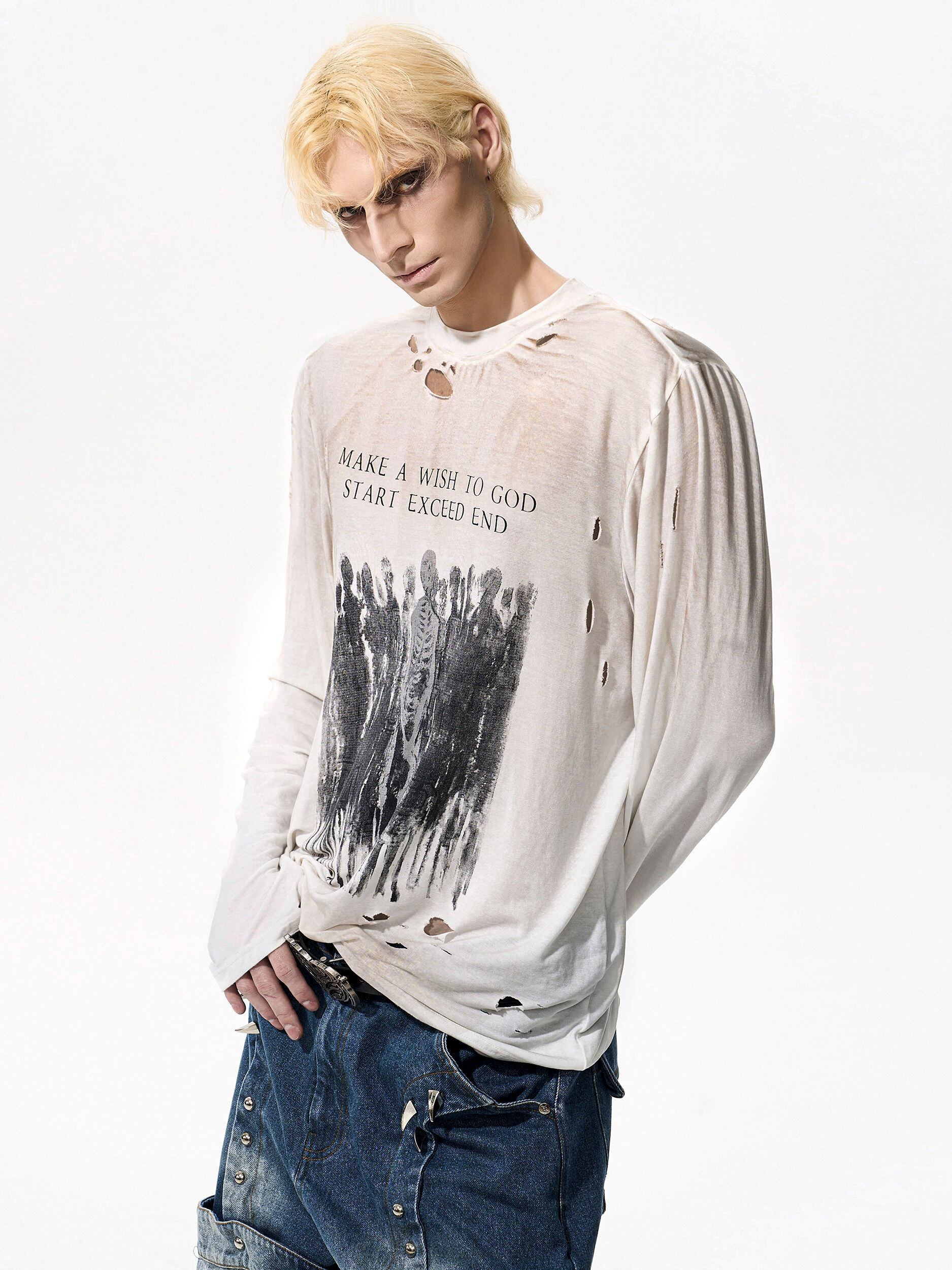 【CODONA SELECT】クラッシュダメージ加工 × サムホール グラフィックロングスリーブTシャツ